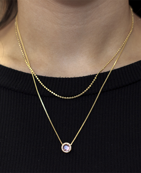 Colar Duplo c/ Ponto de Luz Rosa Cravejado